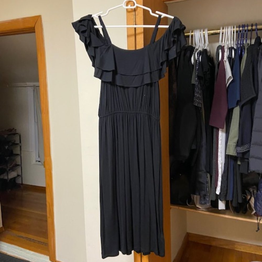 LOFT Ruffle Cold Shoulder Black Midi Dress, Size XXS Petite